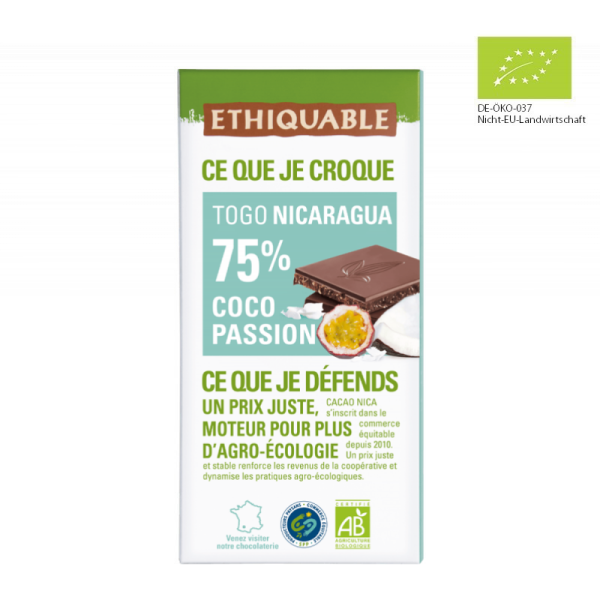 Noir-Schokolade 75% Togo/Nicaragua Kokos-Maracuja (bio), 100g